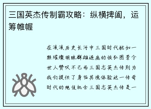 三国英杰传制霸攻略：纵横捭阖，运筹帷幄